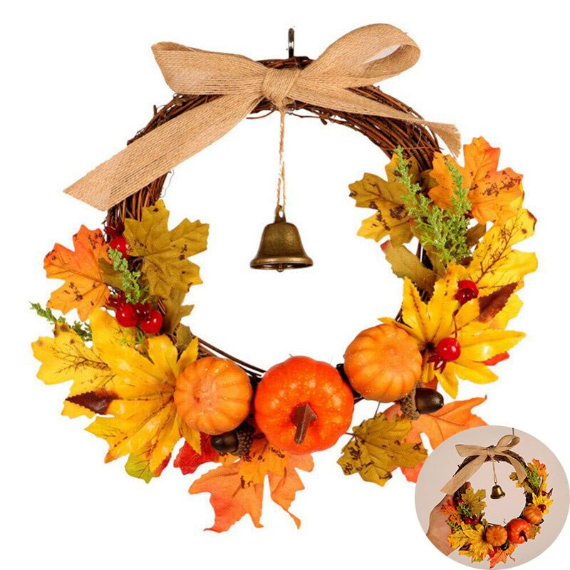 Home Decoration With Pumpkin Maple Leaf Bell On The Door Of Thanksgiving And Halloween Garland