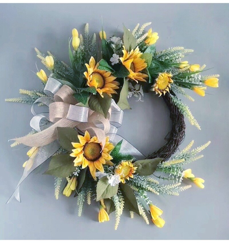 Simulation Sunflower Wreath Decorations Home Door Artificial Silk Flower Garland for Wedding Wall Decoration Backdrop Ornament